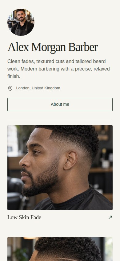 Classic barber portfolio in a mobile layout