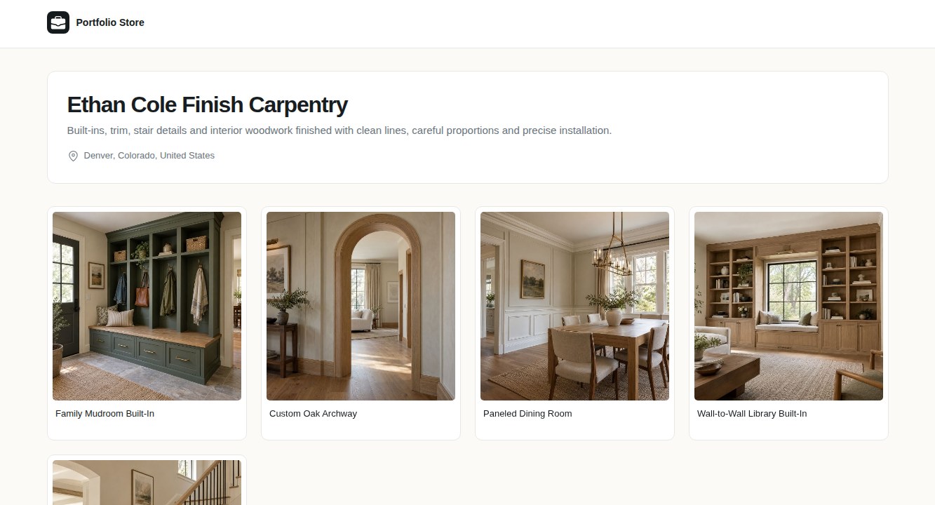 Real Portfolio Store screenshot of Ethan Cole’s finish carpentry profile, built-ins, oak archway and wall paneling