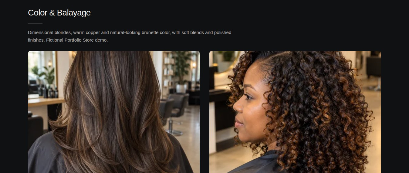 Real Obsidian desktop screenshot of Maya Bennett Hair Studio’s Color & Balayage gallery