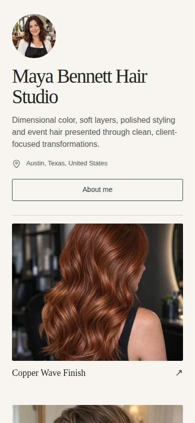 Classic hair stylist portfolio in a mobile layout