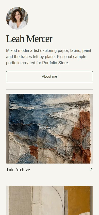 Classic mixed media artist portfolio in a mobile layout