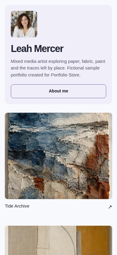 Real Modern mobile screenshot of Leah Mercer’s artist profile in Portfolio Store
