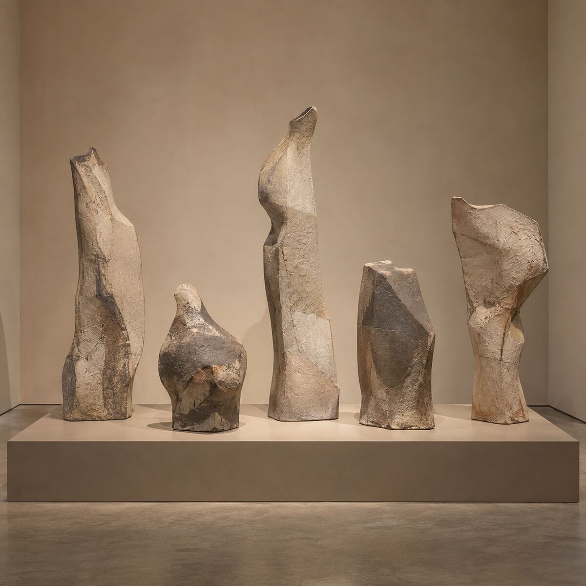Five-part hand-built stoneware sculpture installation in a gallery