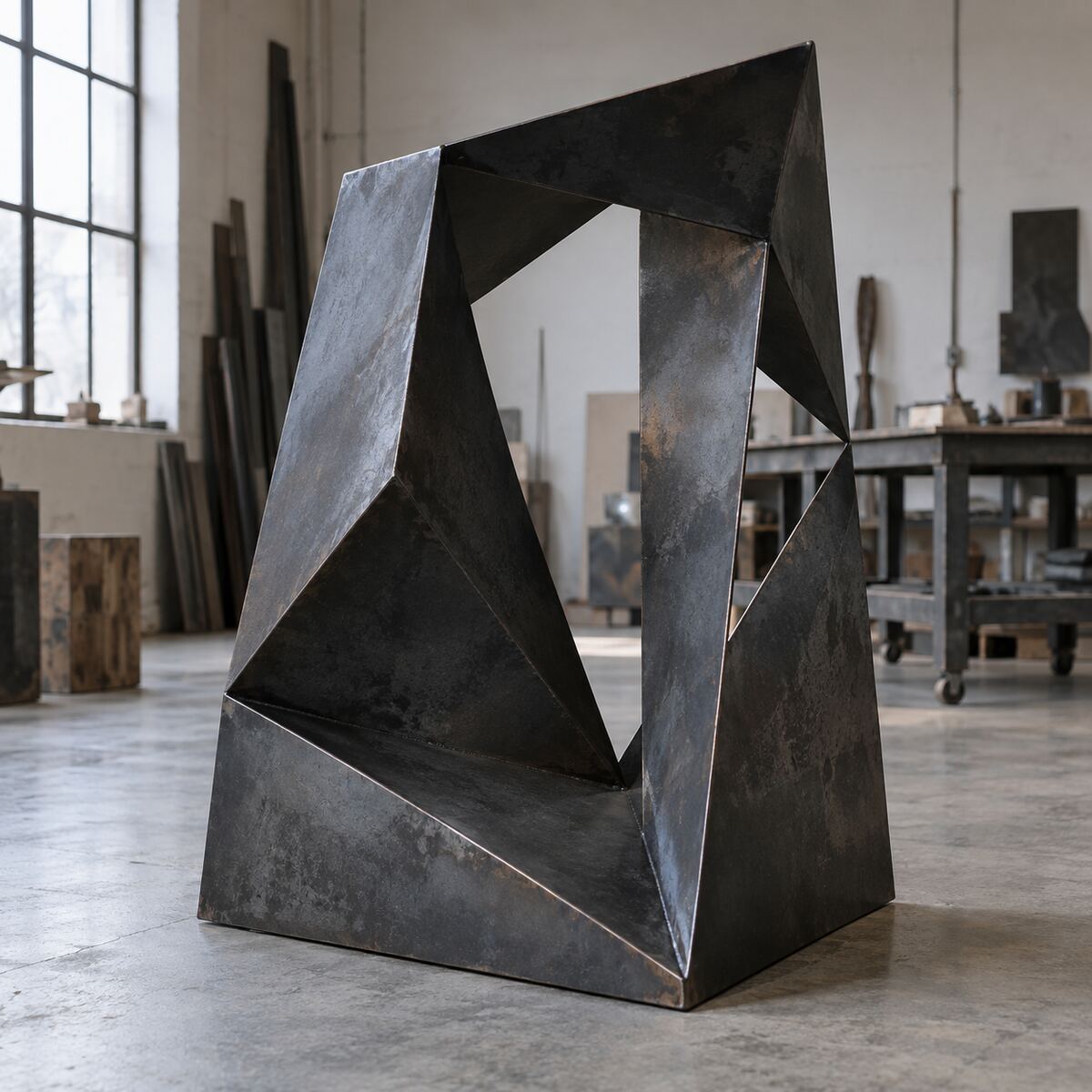 Geometric blackened steel sculpture photographed in an artist studio