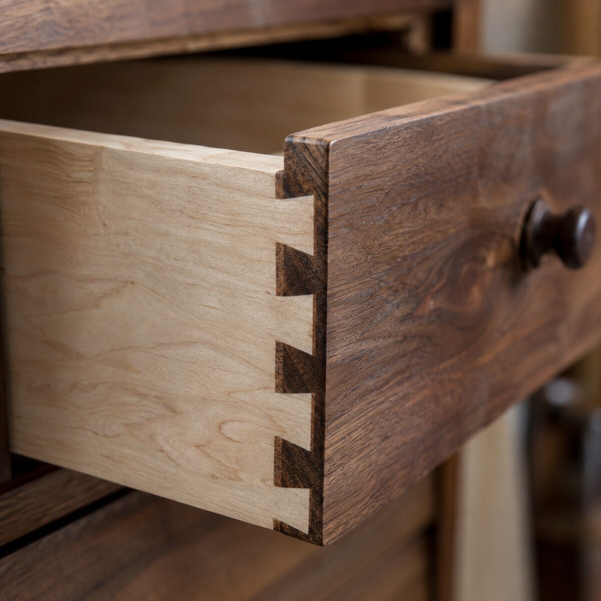 Close-up of hand-cut dovetail joinery
