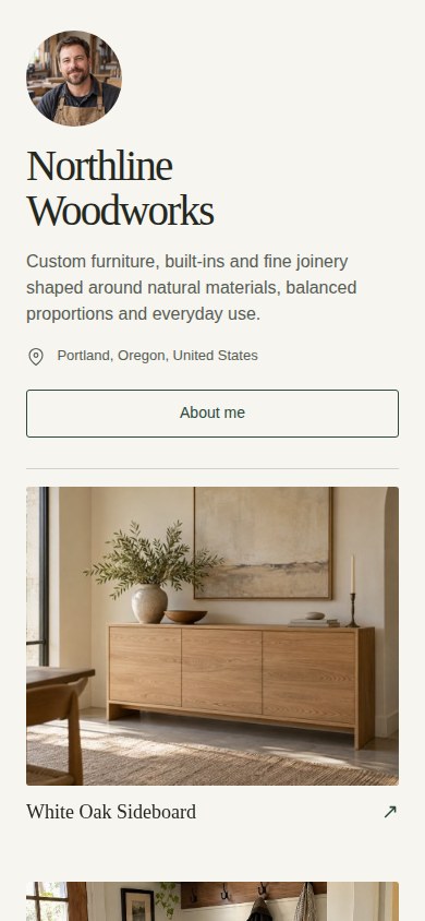 Real mobile screenshot of Northline Woodworks’ profile and cabinetry in Portfolio Store