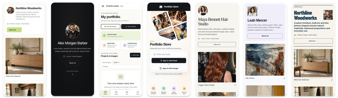 Portfolio Store mobile login and portfolio builder alongside portfolios using Default, Obsidian, Classic, Modern and Neoretro templates